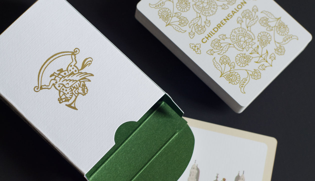 childrensalon ornate gold foiled playing card tuckbox showing metallic green duplexing and playing cards